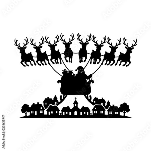 Santa sleigh flying over village front view silhouette, christmas vector art