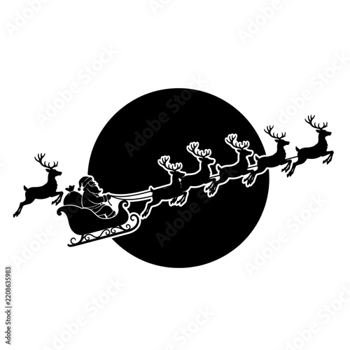 Santa sleigh with reindeer flying across full moon silhouette, christmas art