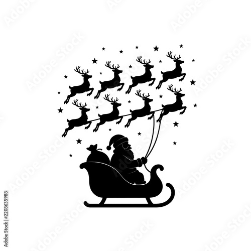 Santa in sleigh climbing starry night sky silhouette, christmas vector art