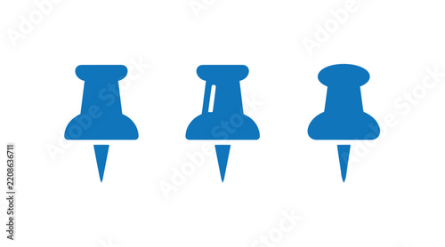 Three blue thumbtack push pin icons set with thumbtack stationery graphics minimalist fastener stationary supplies workplace important location business management