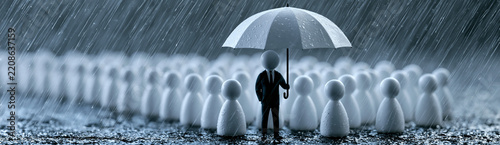 A figure in a suit stands confidently under an umbrella amid a crowd of rain-soaked figures, symbolizing leadership and protection during adversity in a storm.