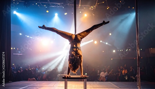 Aerial Silk Performer Doing Handstand Split on Stage