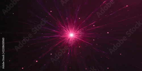 Bright magenta pink glowing light burst with radiating particle rays in deep space abstract explosion starburst particle background technology futuristic universe supernova intensity