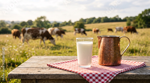 Verre de lait et pichet en cuivre sur une table face à un pâturage