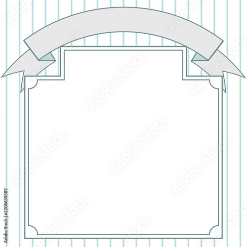 曲線リボン付き正方形バナーフレーム 水色のストライプ背景 / Square banner frame with ribbon on mint green striped background