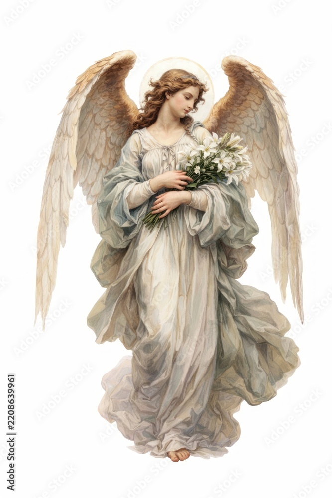Fototapeta premium Serene angel holding white flowers.