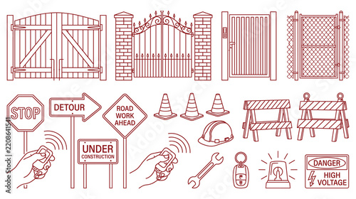 Access control security signs and construction site safety equipment vector icon collection.