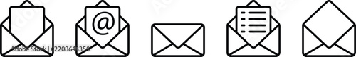 Mail or email icon set. Envelope symbol with letter. Open and closed mail. Vector editable stroke and PNG transparent