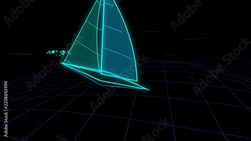 A glowing blue digital pyramid structure floating above a dark grid surface in a futuristic cyberspace environment