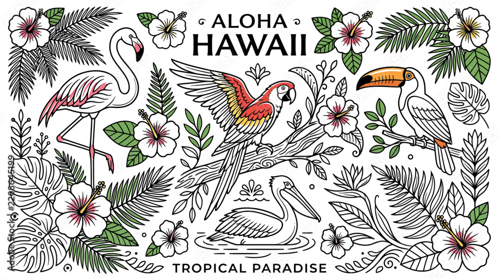 Obraz premium Tropical Paradise Collection Aloha Hawaii Birds Flowers