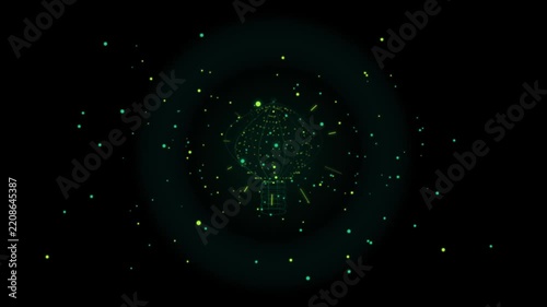 Digital light bulb concept made of glowing particles and lines
