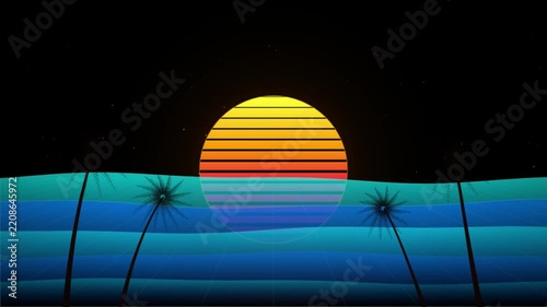 Synthwave style retro sunset landscape with palm trees and digital ocean grid