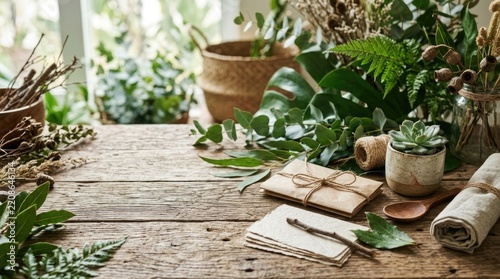 A rustic wooden table displays a collection of dried plants, succulents, and natural elements. A stack of aged paper and a wooden spoon are arranged alongside a small ceramic pot.