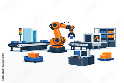 Automated robotic arm in modern factory production line with conveyor belts