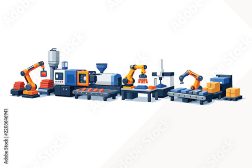 Modern industrial automation with robotic arms and machinery