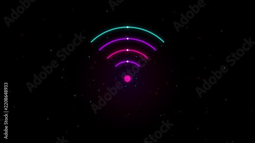 Colorful neon wifi wireless internet signal icon broadcasting wave pulses on dark backdrop