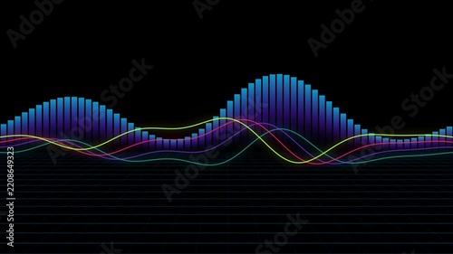 Colorful waveform audio equalizer rainbow frequency waves moving on black background