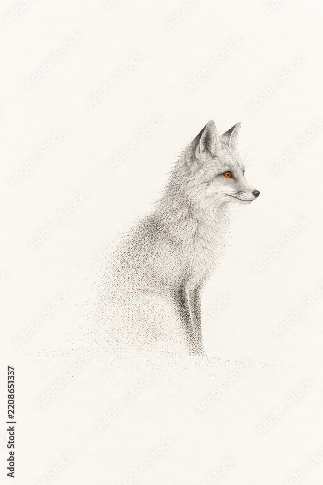 Fototapeta premium Minimalist Arctic Fox Illustration with Orange Eyes and Dissolving Ink Effect