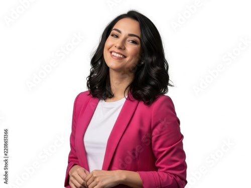 Smiling professional woman in pink blazer