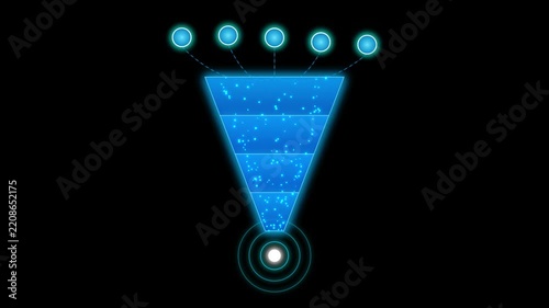 Digital sales marketing funnel conversion chart with glowing blue particle data streams