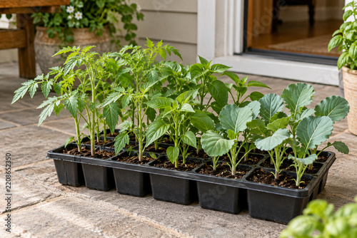 Vegetable seedlings hardening off on sheltered patio