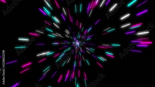 Fast forward cosmic light burst with colorful neon laser beams flying through deep space