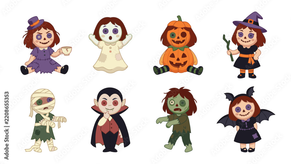 Fototapeta premium Halloween Haunted House Cartoon Flat Vector Illustration Set with Ghosts and Pumpkins
