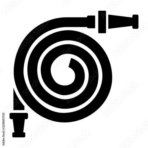 Coiled fire hose with nozzle black icon