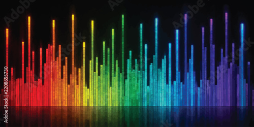 Rainbow colored vertical light bars forming a digital bar graph sound equalizer display with rainbow colors audio levels spectrum analyzer neon lighting music visualizer data visualization