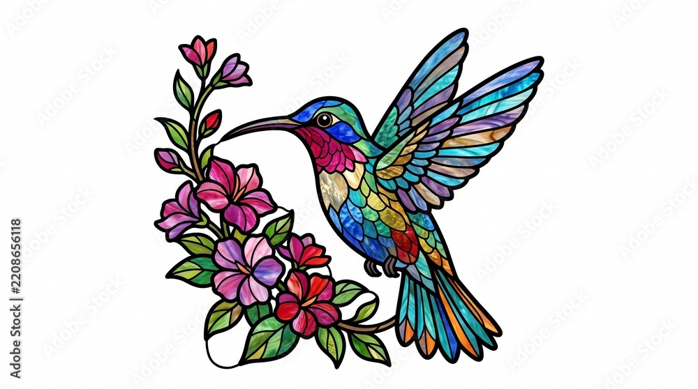 Fototapeta premium Stained Glass Hummingbird and Flowers: A vibrant hummingbird rendered in a stained-glass style hovers near a cluster of blooming flowers, creating a colorful and artistic composition.
