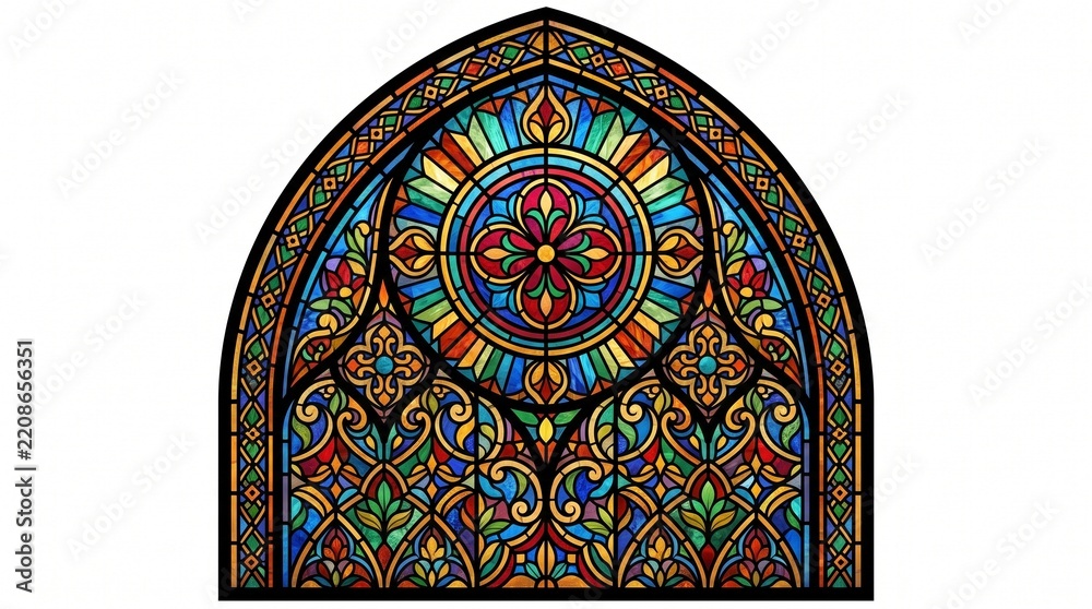 Obraz premium Arched Stained Glass Window: A vibrant and intricate arched stained glass window, featuring a kaleidoscope of colors and decorative patterns.