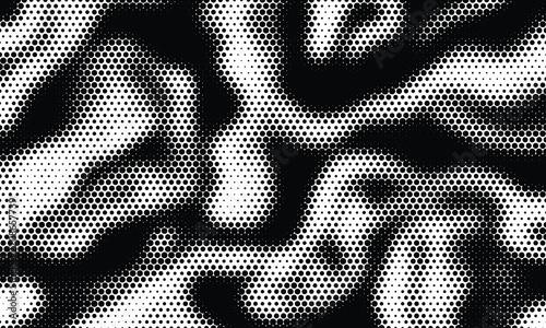Abstract black and white halftone wave pattern background with dynamic flowing curved dots