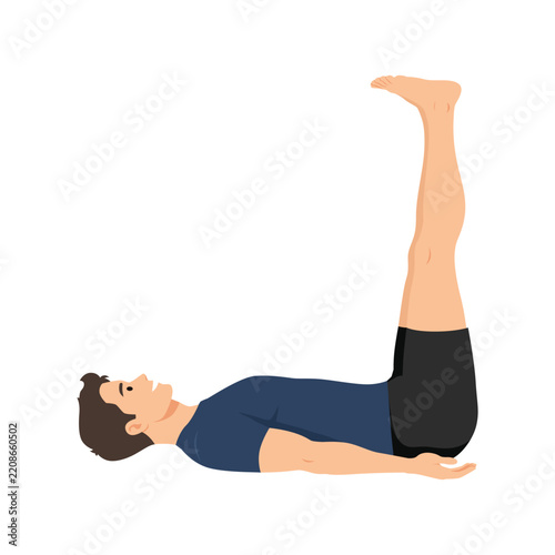 Man Performing Lying Leg Raise Exercise. Flat vector illustration isolated on white background
