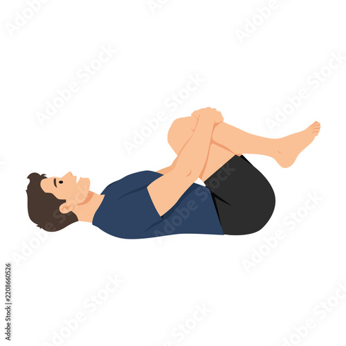 Man Performing Wind Relieving Yoga Pose for Hip and Lower Back Stretch. Flat vector illustration isolated on white background