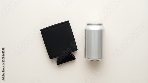 A black koozie mockup displayed with a blank silver beverage can for branding design on a clean light background