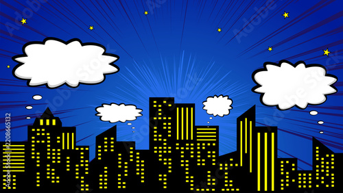 Comic book night city skyline background with blue speed lines, stars, and thought speech bubbles