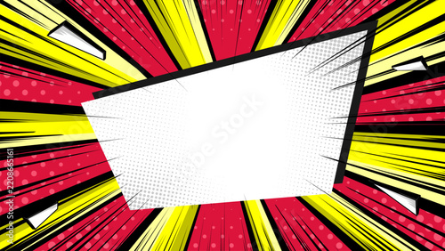 Comic book sunburst background with red, yellow speed lines, halftone dot, and central text frame