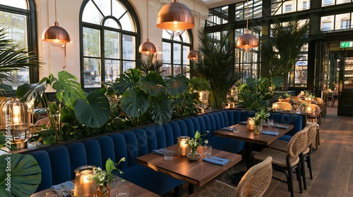 Elegant Tropical Restaurant Interior with Lush Green Plants