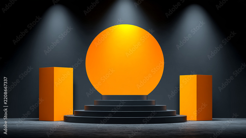 Obraz premium Orange circular stage platform with steps illuminated by dramatic spotlights in a dark room