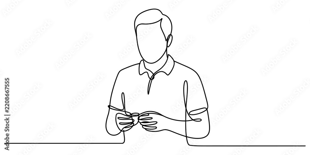 Fototapeta premium Single line drawing of a man looking at a cup for coffee break or relaxing lifestyle concept in minimalist black strokes.