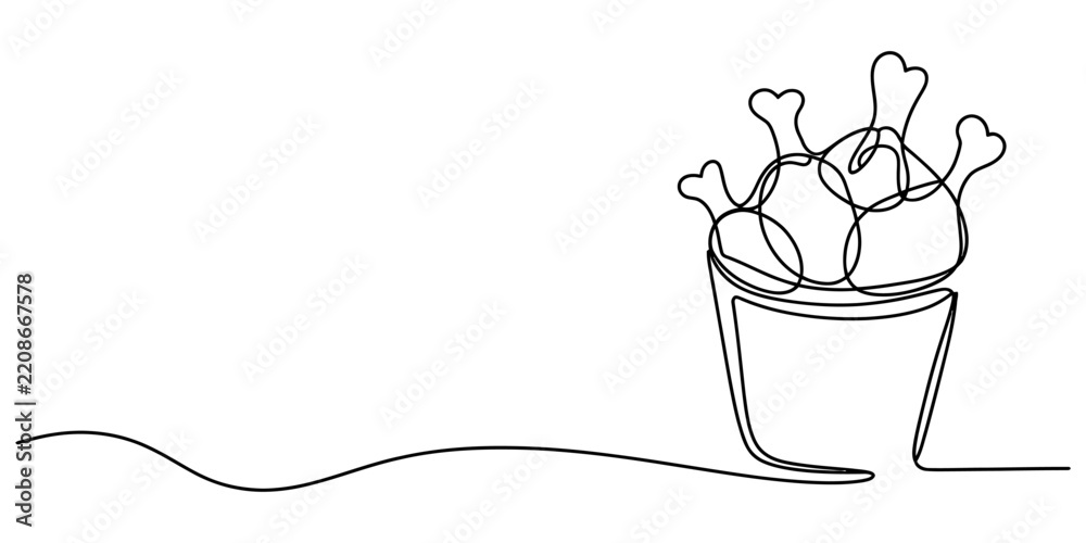 Fototapeta premium Continuous line art illustration of a fried chicken bucket for fast food menu or takeaway restaurant marketing visuals.