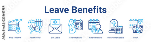 Leave Benefits web banner icon vector illustration concept for business with icon of Paid Time Off, Paid Holiday, Sick Leave, Maternity Leave, Paternity Leave, Bereavement.