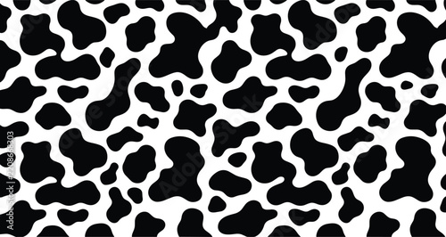 Seamless cow print pattern background featuring black and white spotted animal hide texture abstract vector design