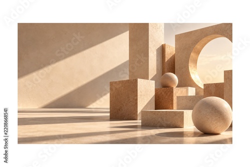 Sunlit Abstract Geometric Architecture with Terracotta Stone Arches and Sculptural Spheres