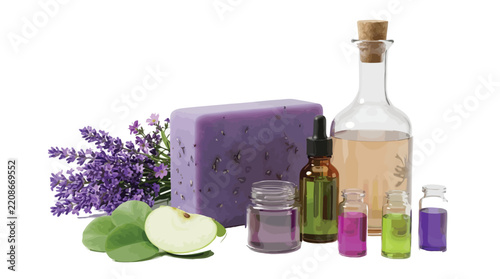 Purple lavender soap bar with fragrant essential oil bottles and fresh green apple fruit slice