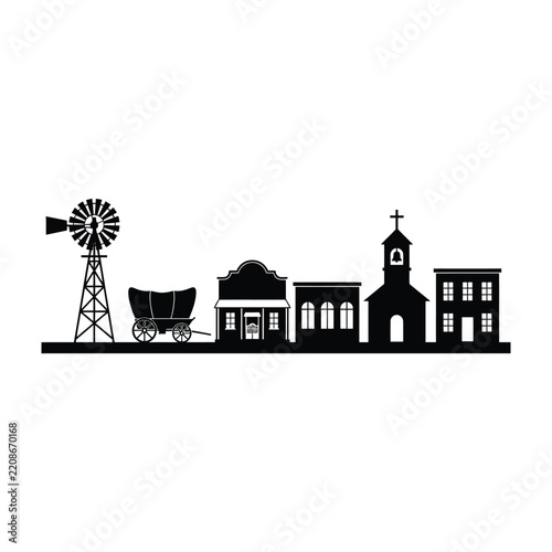 Rural town silhouette with windmill church and school buildings