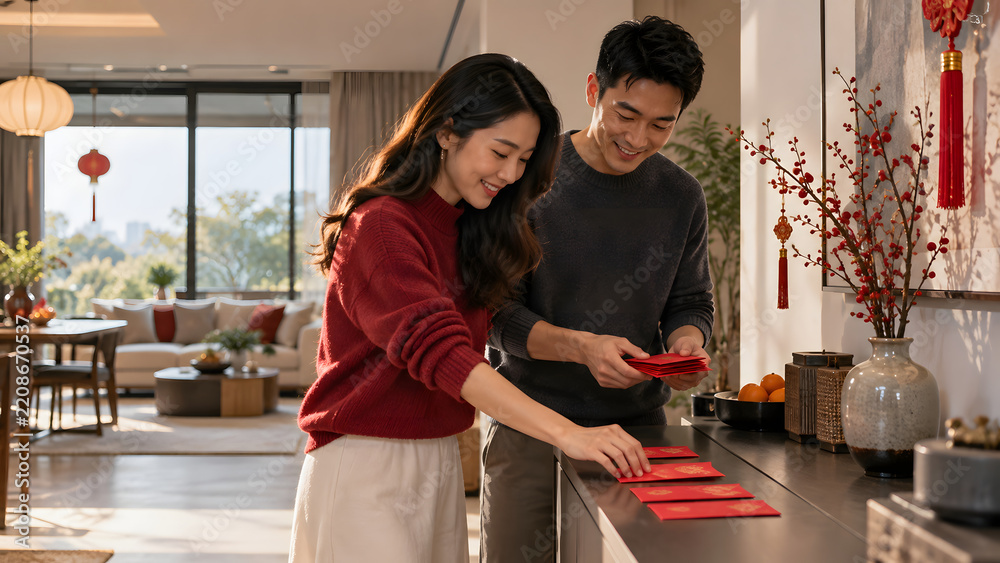 Obraz premium Celebrating lunar traditions, couple joyfully prepares red envelopes in beautifully decorated living room, showcasing warmth and togetherness