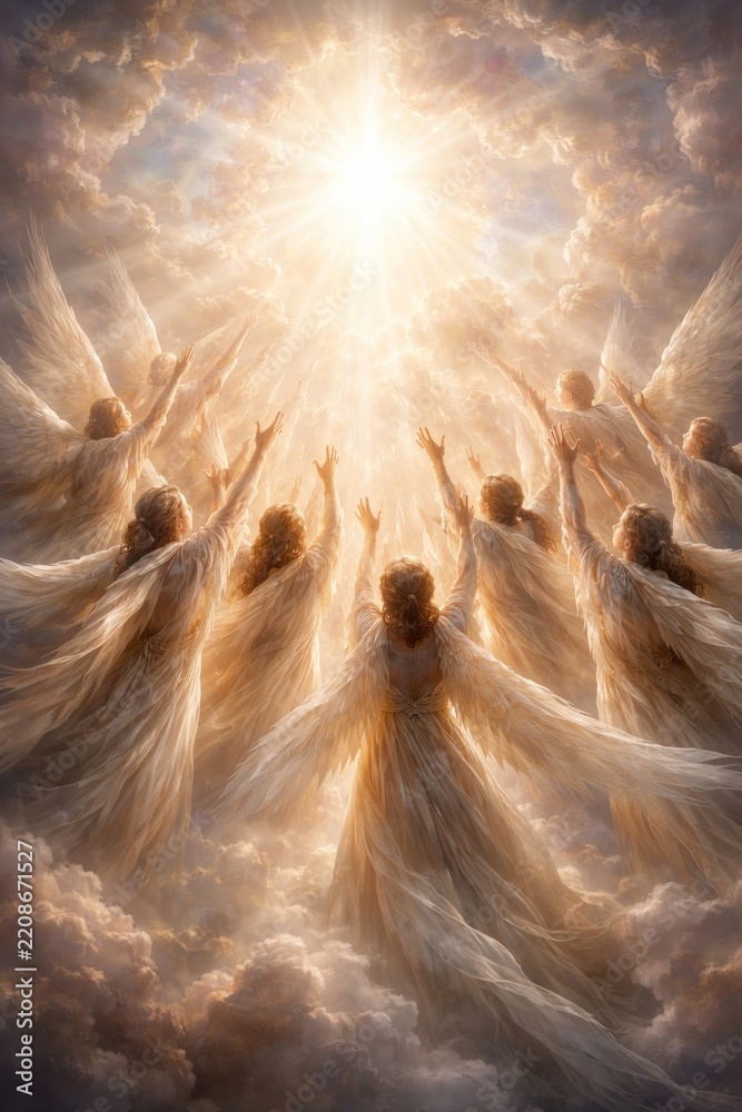 Fototapeta premium Angelic figures with wings reaching towards a bright light in the clouds.