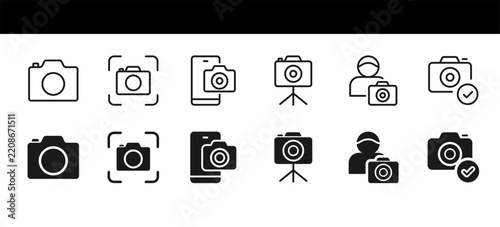 Camera icon set. Photography focus, mobile phone camera, tripod stand, photographer user, Simple outline and solid signs. 48x48 pixel-perfect. Editable Stroke.