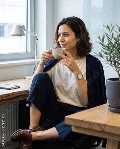 Generative AI, A woman enjoying a mindful coffee break by the office window